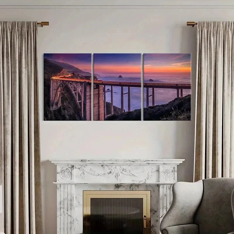 3pcs Coastal Landscape with Train & Sunset Wall Art Set Canvas Framed 60x90cm - High Quality Print 100% Australian Made Wall Canvas Ready to Hang - Bella Home Decor
