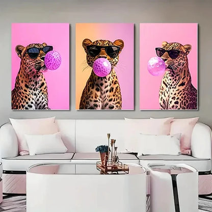 3pcs Leopard in Fashion Glasses Blowing Wall Art Canvas Unframed – High Quality Print 100% Australian Made Wall Canvas
