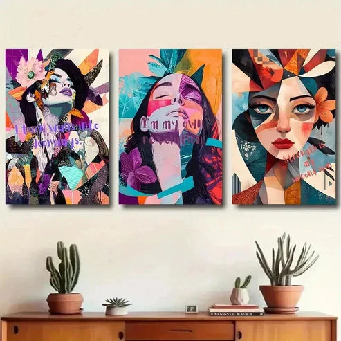 3pcs Abstract Geometric Woman Portrait Wall Art Canvas Unframed - High Quality Print 100% Australian Made Wall Canvas - Bella Home Decor