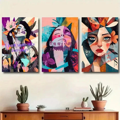 3pcs Abstract Geometric Woman Portrait Wall Art Canvas Unframed - High Quality Print 100% Australian Made Wall Canvas - Bella Home Decor