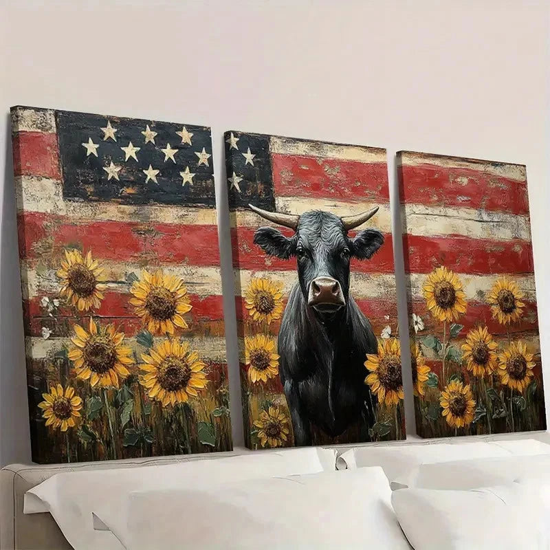 3pcs Vibrant Rustic Sunflower American Flag Cow Wall Art Set Canvas Framed 60x90cm - High Quality Print 100% Australian Made Wall Canvas Ready to Hang
