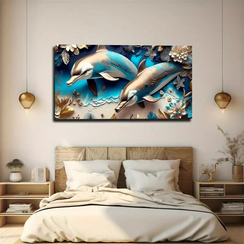 A Pair Of Dolphins Wall Art Canvas Office Home Room Framed 120x60cm