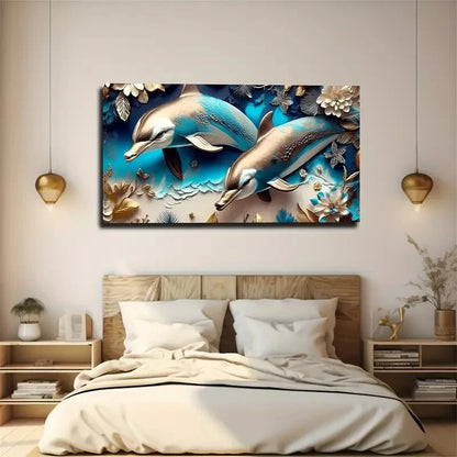 A Pair Of Dolphins Wall Art Canvas Office Home Room Framed 120x60cm