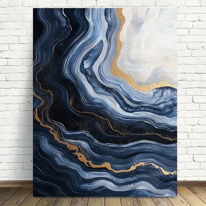 Beautiful Blue Black Golden Swirl Design Painting 40x60cm Metal Print Ready to Hang - Bella Home Decor