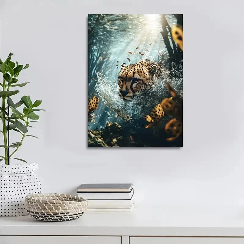 Stunning Cheetah Underwater Scene Painting 40x60cm Metal Print Ready to Hang - Bella Home Decor