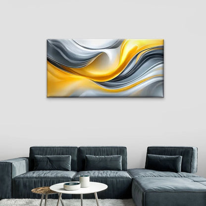 Yellow And Grey Waves Abstract Wall Art Canvas Office Home Room Framed 120x60cm