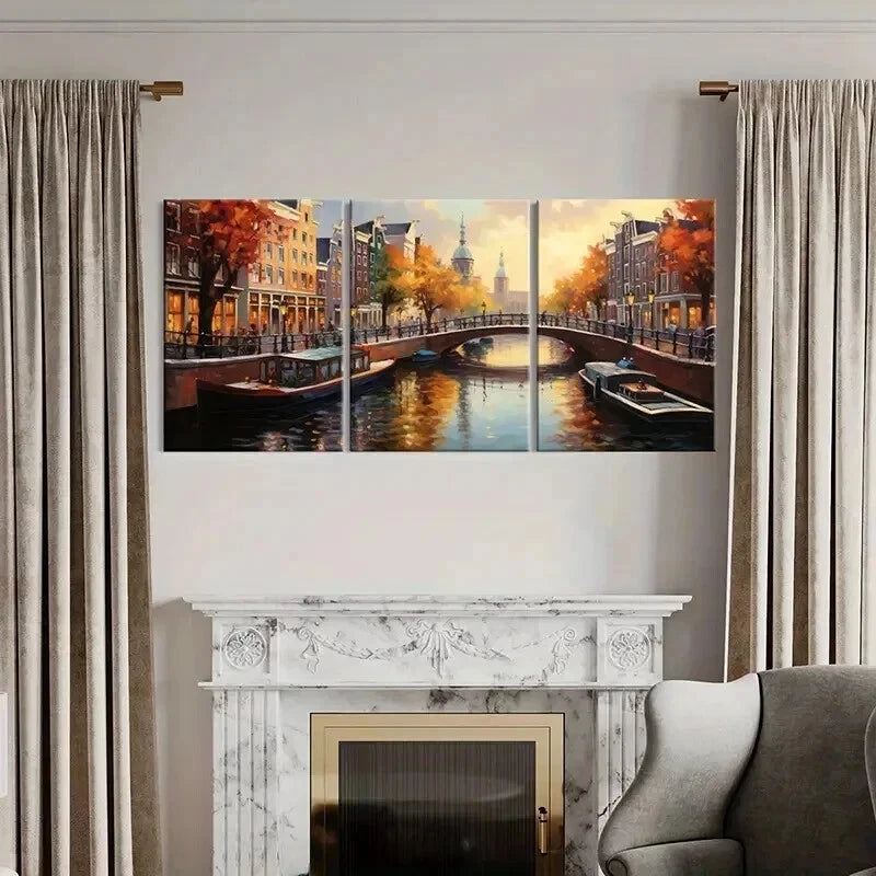 3pcs Autumn Canal Bridge Architecture Wall Art Set Canvas Framed 50x70cm - High Quality Print 100% Australian Made Wall Canvas Ready to Hang - Bella Home Decor