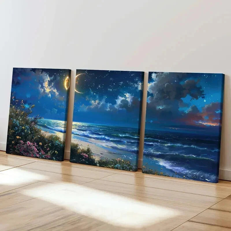 3pcs Fantasy Landscape Seaside Moon Flowers Wall Art Set Canvas Framed 50x70cm - High Quality Print 100% Australian Made Wall Canvas Ready to Hang - Bella Home Decor