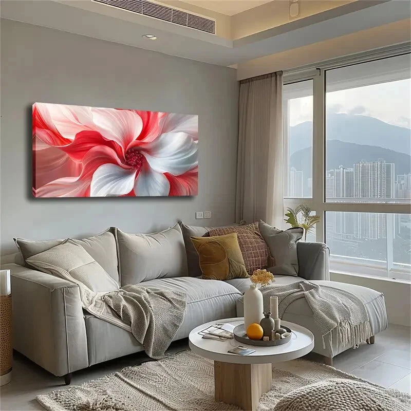 Red White Floral Pattern Wave Wall Art Canvas Office Home Room Framed 120x60cm - Bella Home Decor