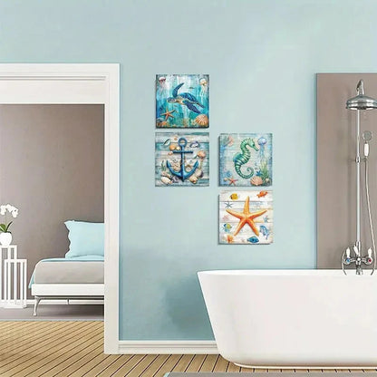 4pcs Blue Beach Bathroom Teal Nautical Sea Turtl Wall Art Canvas Framed