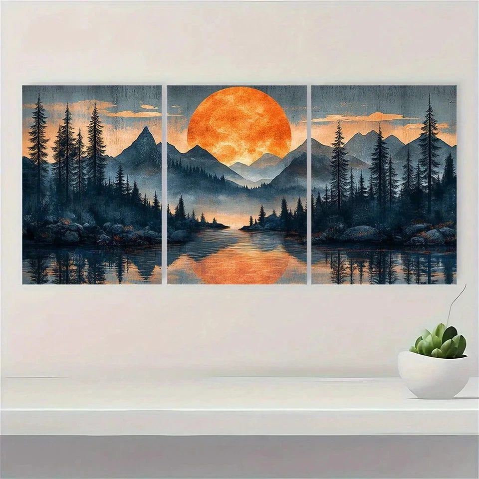 3pcs Moonlit Abstract Mountain Forest Scene Metal Print Ready to Hang Art - Bella Home Decor