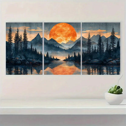 3pcs Moonlit Abstract Mountain Forest Scene Metal Print Ready to Hang Art - Bella Home Decor