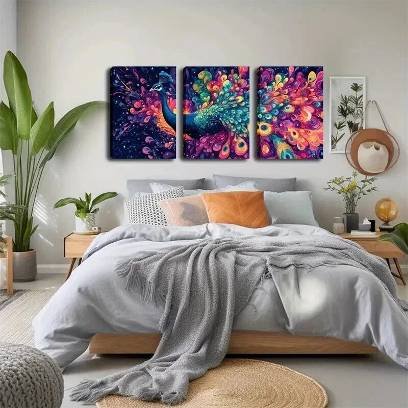 3pcs Vibrant Peacock Feathers In Blue Perfect Wall Art Set Canvas Framed 50x70cm - High Quality Print 100% Australian Made Wall Canvas Ready to Hang - Bella Home Decor