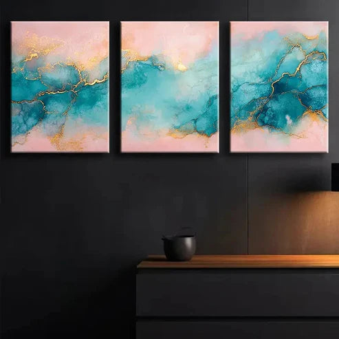 3pcs Blue Lilac Marble with Golden Veins Wall Art Canvas - High Quality Print 100% Australian Made Wall Canvas
