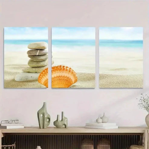 3pcs Beach Zen Stone Stack And Seashell Wall Art Set Canvas Unframed - High Quality Print 100% Australian Made Wall Canvas - Bella Home Decor