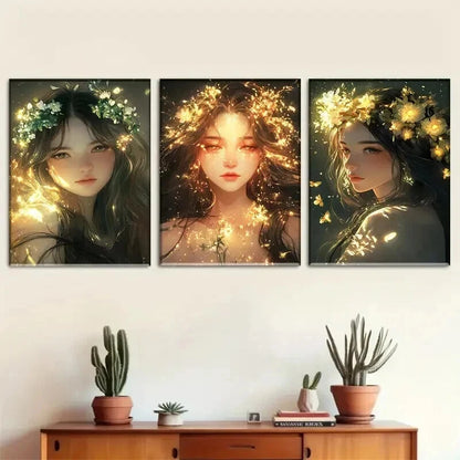 3pcs Glowing Floral Crown Girl Portrait Perfect Wall Art Set Canvas Framed 50x70cm - High Quality Print 100% Australian Made Wall Canvas Ready to Hang - Bella Home Decor