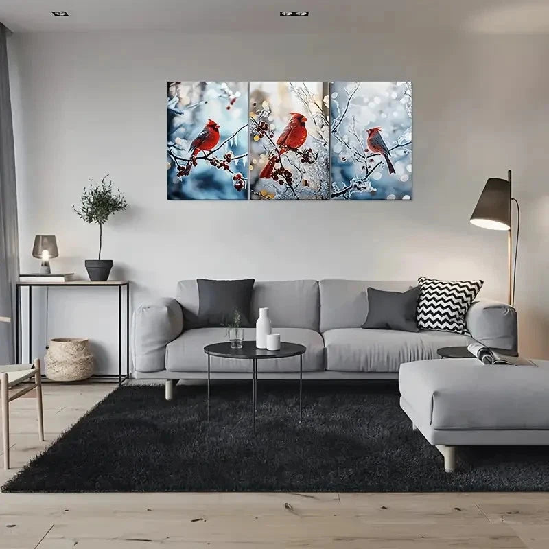 3pcs Cardinal Birds Snowy Berries & Goldenrod Metal Print Ready to Hang Art - Bella Home Decor