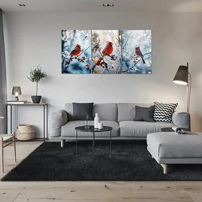 3pcs Cardinal Birds Snowy Berries & Goldenrod Metal Print Ready to Hang Art - Bella Home Decor