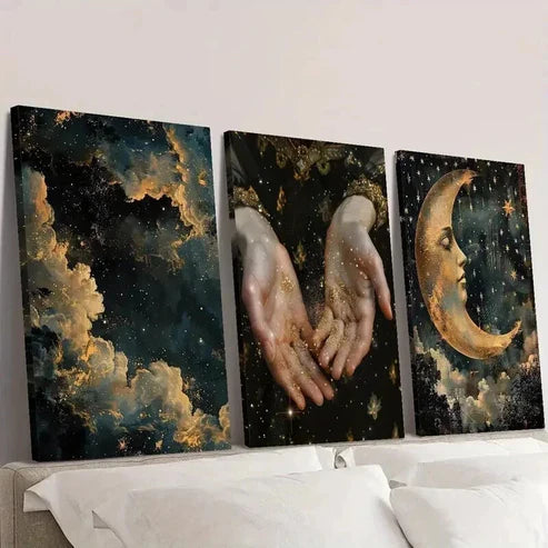 3pcs Abstract Magic Shine in Hand Stars Moon Wall Art Set Canvas Unframed - High Quality Print 100% Australian Made Wall Canvas - Bella Home Decor
