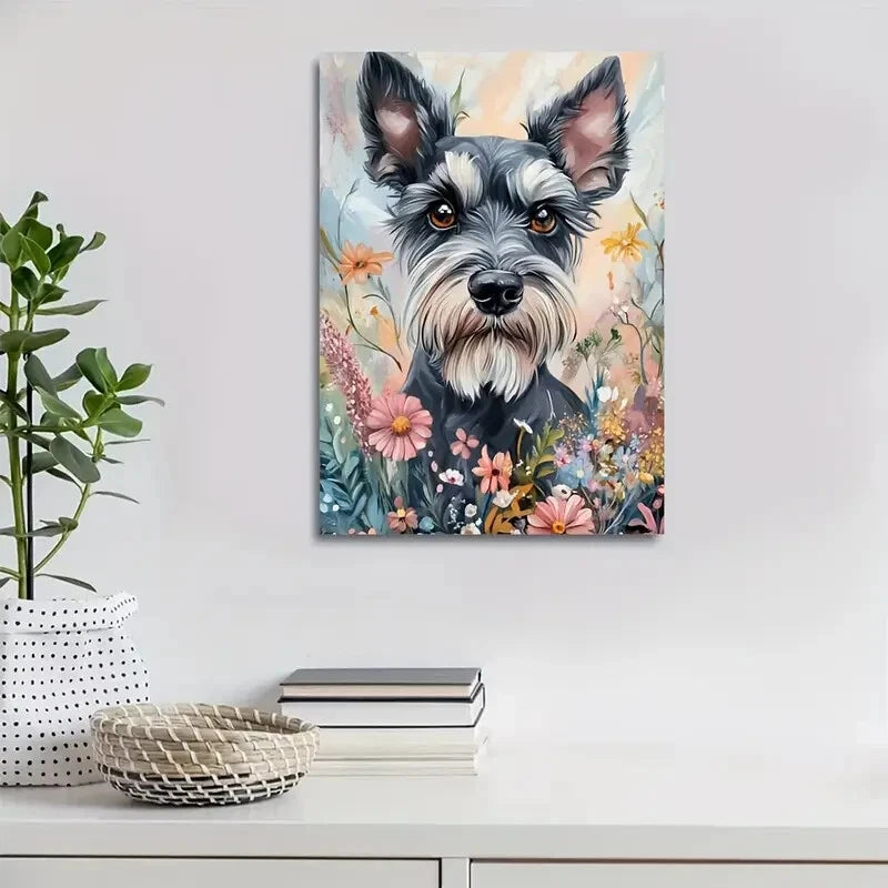 Schnauzer Dog with Vibrant Floral Background 40x60cm Metal Print Ready to Hang