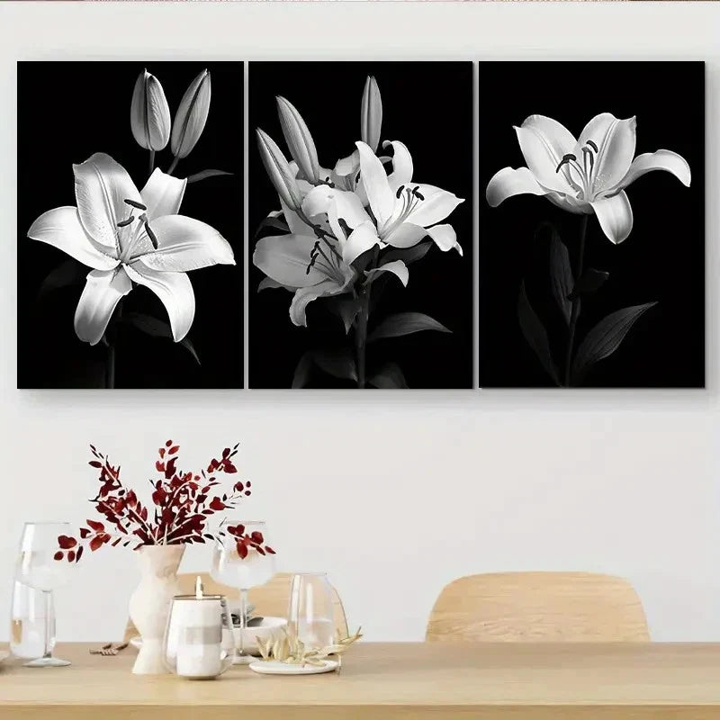 3pcs Black and White Lily Triptych Wall Art Set Canvas Framed 60x90cm - High Quality Print 100% Australian Made Wall Canvas Ready to Hang - Bella Home Decor