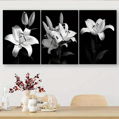 3pcs Black and White Lily Triptych Wall Art Set Canvas Framed 60x90cm - High Quality Print 100% Australian Made Wall Canvas Ready to Hang - Bella Home Decor
