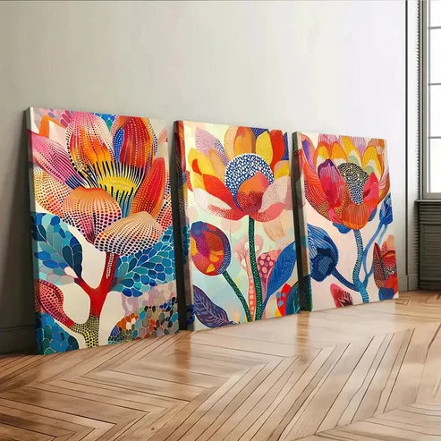 3pcs Colorful Blooming Flowers Botanical Red Wall Art Set Canvas Unframed - High Quality Print 100% Australian Made Wall Canvas
