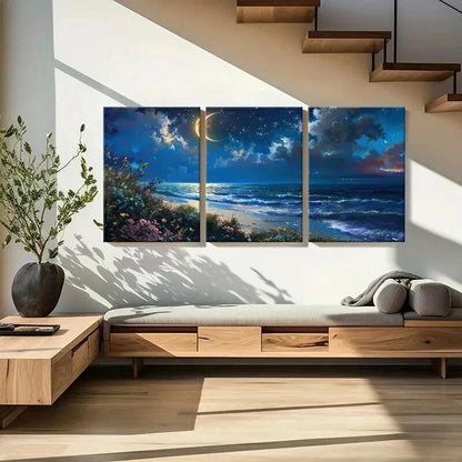 3pcs Fantasy Landscape Seaside Moon Flowers Wall Art Set Canvas Framed 50x70cm - High Quality Print 100% Australian Made Wall Canvas Ready to Hang - Bella Home Decor