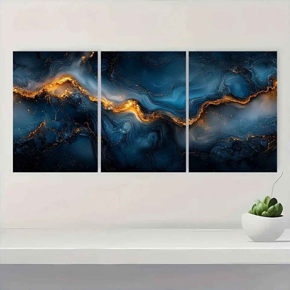 3pcs Abstract Black Blue and Golden Marble Metal Print Ready to Hang Art - Bella Home Decor