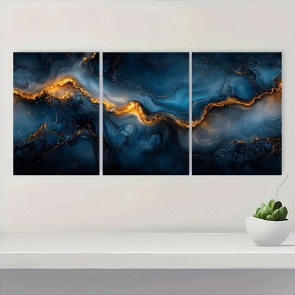3pcs Abstract Black Blue and Golden Marble Metal Print Ready to Hang Art - Bella Home Decor