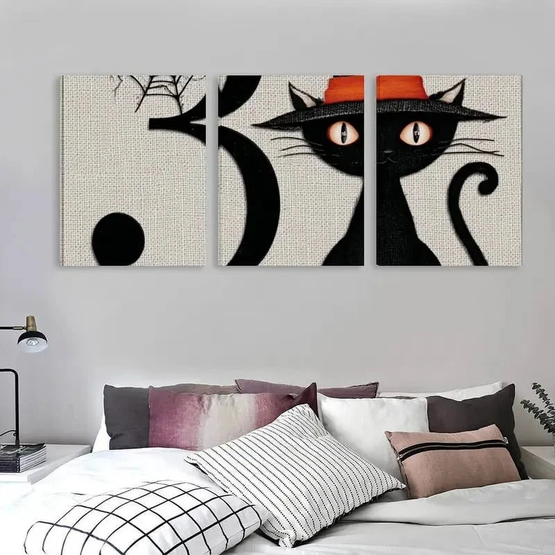 3pcs Spooky Black Cat In A Hat Decor  Wall Art Set Canvas Framed 50x70cm - High Quality Print 100% Australian Made Wall Canvas Ready to Hang - Bella Home Decor