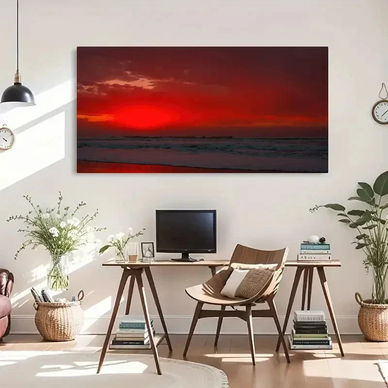 Vibrant Red Evening Scenery Wall Art Canvas Office Home Room Framed 120x60cm