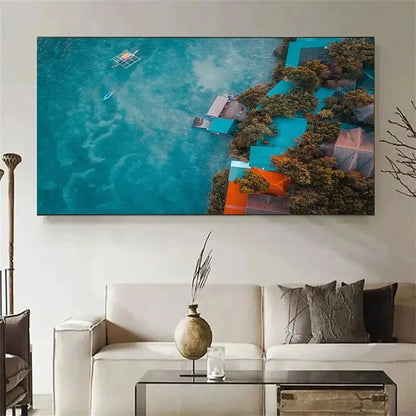 Tropical Island Aerial View Wall Art Canvas Office Home Room Framed 120x60cm