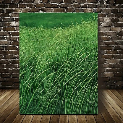 Emerald Green Thatch Grass Meadow Painting 40x60cm Metal Print Ready to Hang