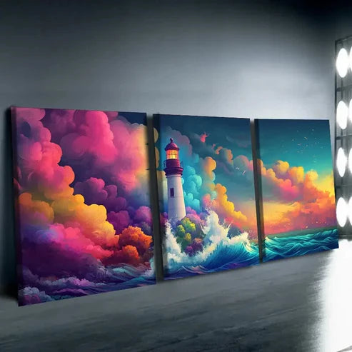 3pcs Lighthouse on the Sea Colorful Sky Perfect Wall Wall Art Set Canvas Unframed - High Quality Print 100% Australian Made Wall Canvas
