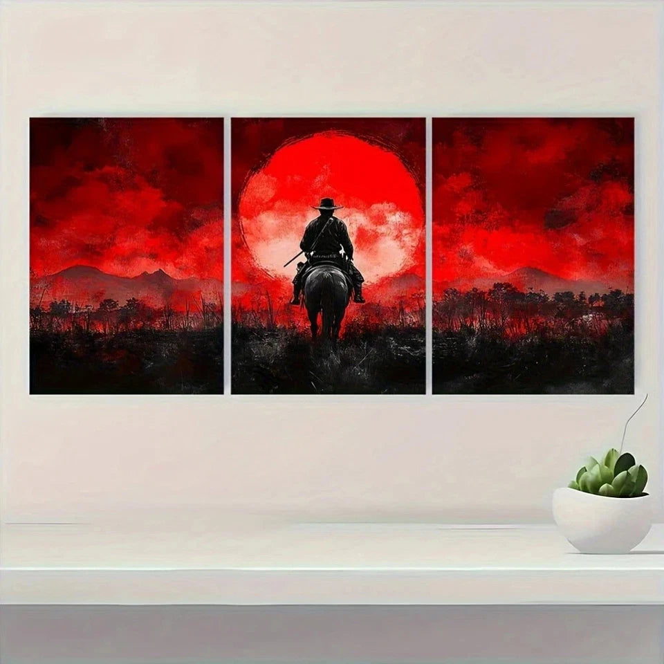 3pcs Japanese Cowboy Wild West Samurai Mashup Metal Print Ready to Hang Art - Bella Home Decor