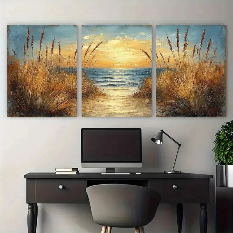 3pcs Golden Seascape Coastal Calming Perfect Wall Art Set Canvas Framed 60x90cm - High Quality Print 100% Australian Made Wall Canvas Ready to Hang - Bella Home Decor
