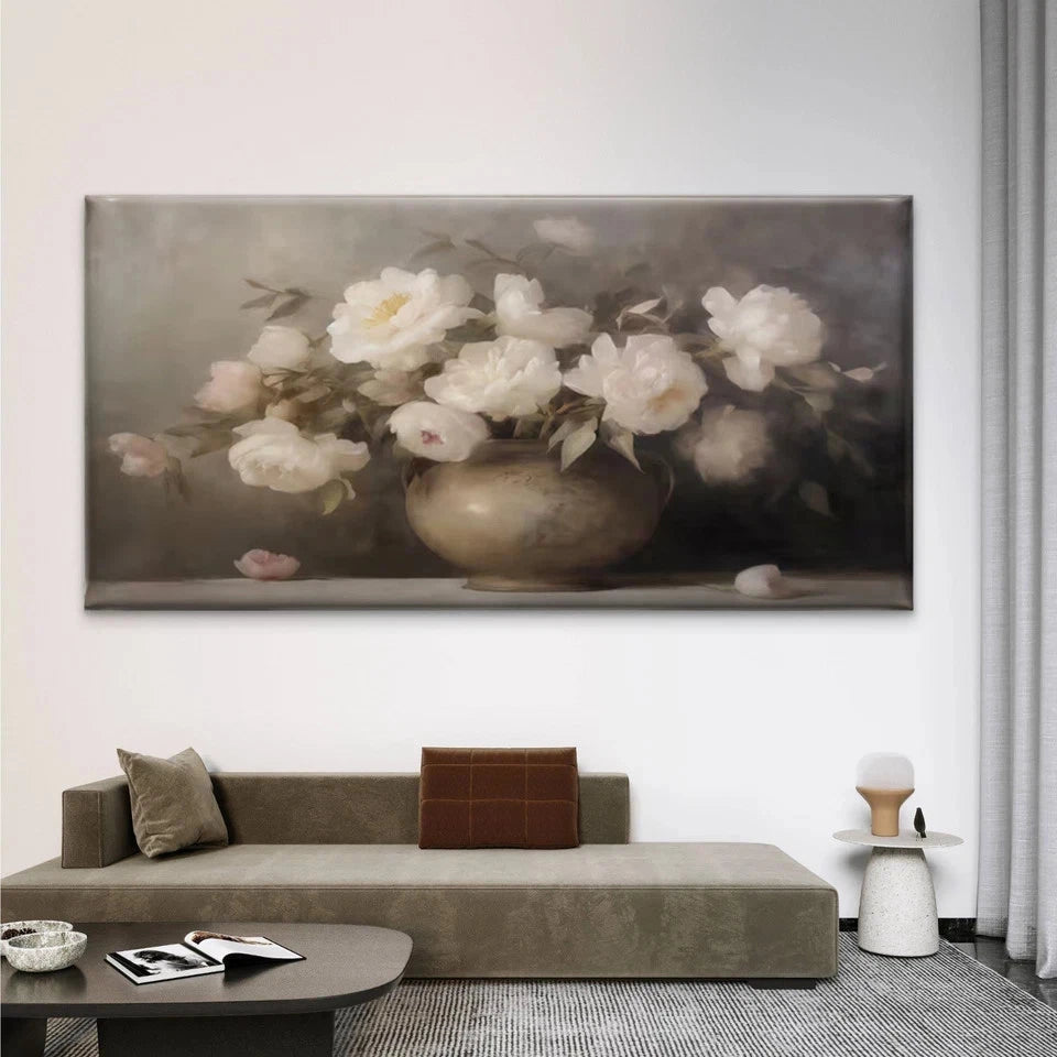 White Peony Flower Vase Wall Art Canvas Office Home Room Framed 120x60cm