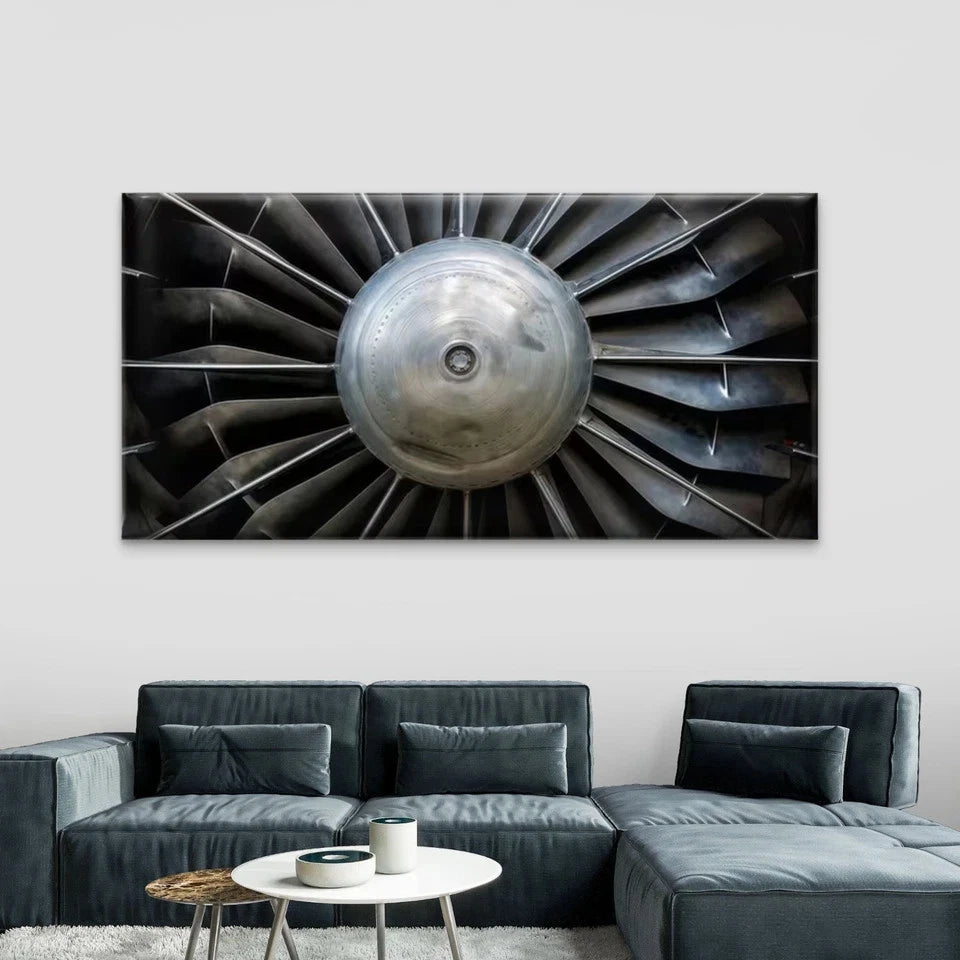 Metallic Jet Engine Turbine Wall Art Canvas Office Home Room Framed 120x60cm