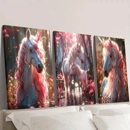 3pcs Pink Hair Unicorn Fantasy Illustration Wall Art Canvas Unframed - High Quality Print 100% Australian Made Wall Canvas