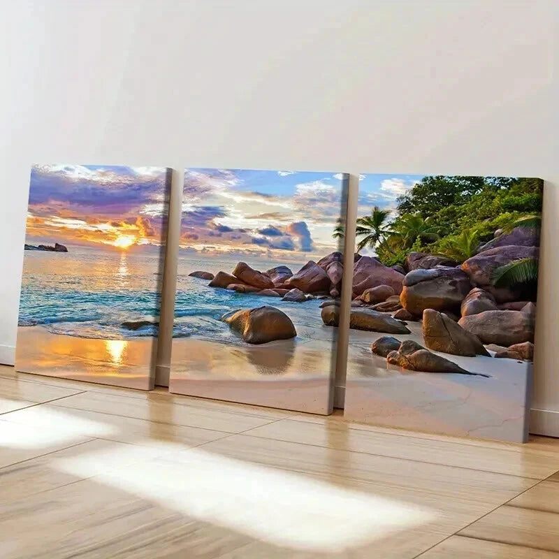 3pcs Beach Landscape with Palm Trees & Rocks Wall Art Set Canvas Framed 40x60cm - High Quality Print 100% Australian Made Wall Canvas Ready to Hang - Bella Home Decor