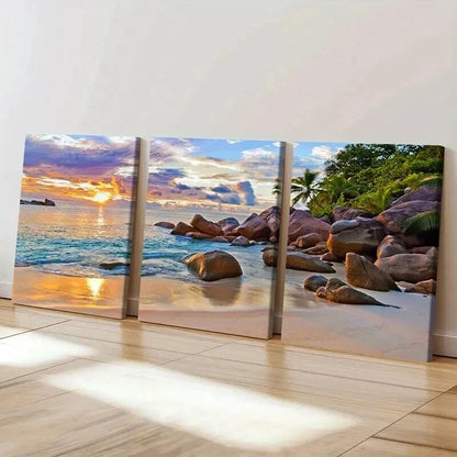 3pcs Beach Landscape with Palm Trees & Rocks Wall Art Set Canvas Framed 40x60cm - High Quality Print 100% Australian Made Wall Canvas Ready to Hang - Bella Home Decor