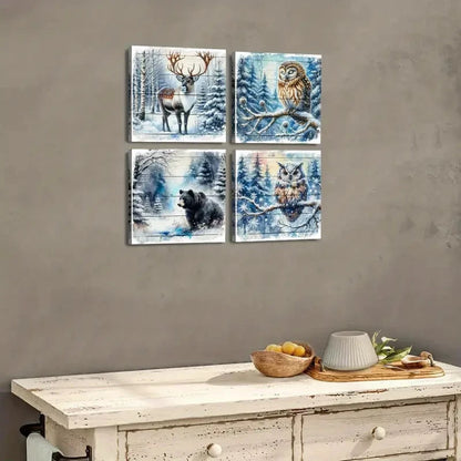 4pcs Forest Bear Pictures White WinterWall Art Canvas Framed