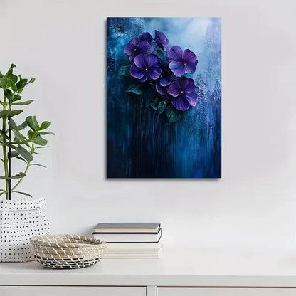 Beautiful Violet Floral Design on Dark Blue 40x60cm Metal Print Ready to Hang - Bella Home Decor