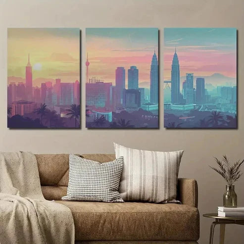 3pcs Vibrant Malaysia Kuala Lumpur Cityscape Wall Art Canvas Unframed - High Quality Print 100% Australian Made Wall Canvas