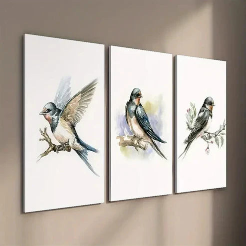 3pcs Bird Illustration on Tree Branch Wall Art Set Canvas Unframed - High Quality Print 100% Australian Made Wall Canvas - Bella Home Decor