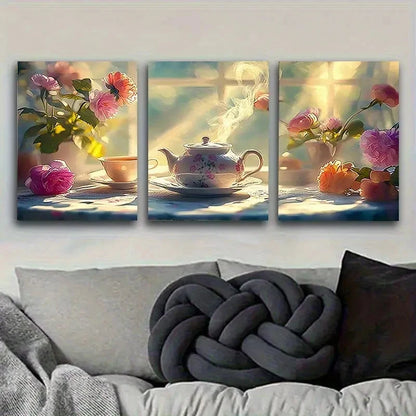 3pcs Morning Tea with Roses Wall Art Set Canvas Framed 60x90cm - High Quality Print 100% Australian Made Wall Canvas Ready to Hang