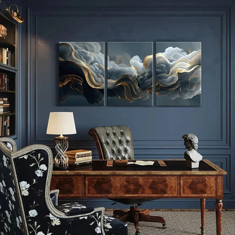 3pcs Abstract Cloudscape Art Golden Waves Metal Print Ready to Hang Art