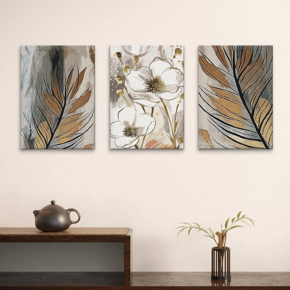 3pcs Modern Abstract White Floral and Feathers Wall Art Set Canvas Framed 60x90cm - High Quality Print 100% Australian Made Wall Canvas Ready to Hang