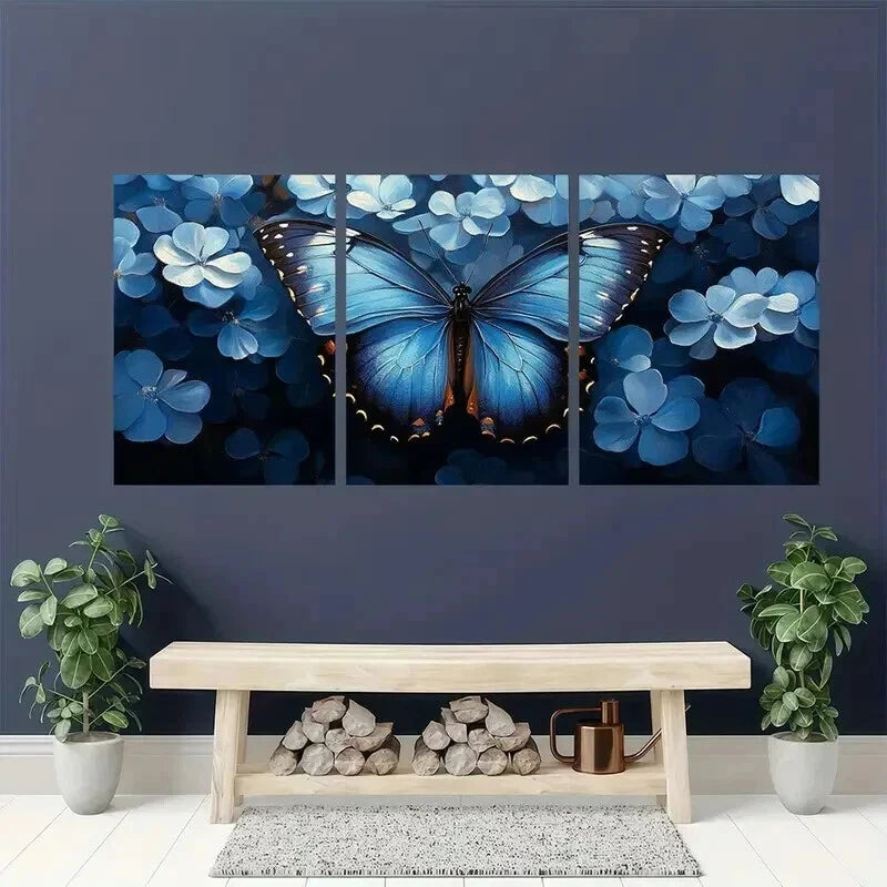 3pcs Vibrant Blue Floral And Butterfly Design Wall Art Set Canvas Framed 40x60cm - High Quality Print 100% Australian Made Wall Canvas Ready to Hang - Bella Home Decor